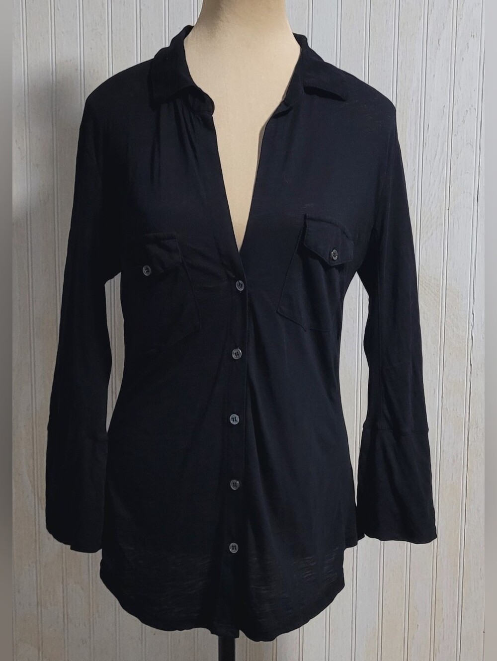 James Perse Contrast Panel Slub Knit Button Down 3/4 Sleeve Black 4 (XL)